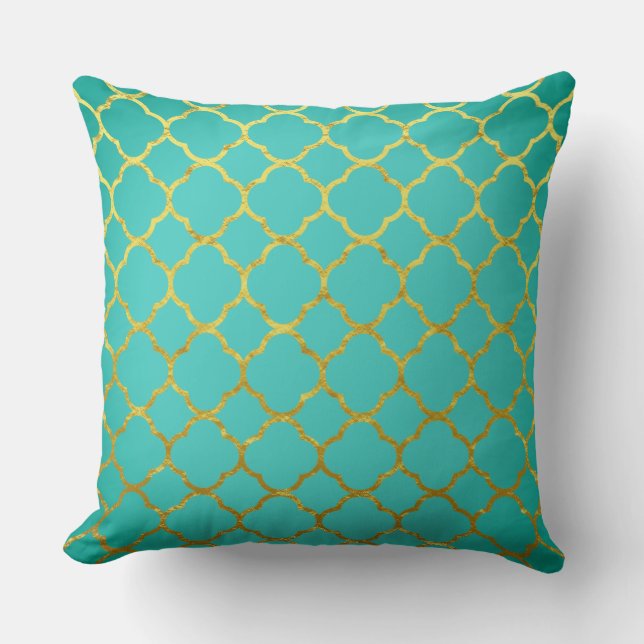 Almofada Padrões Dourados de Quatrefoil Azul-Azul-Seafoam (Frente)