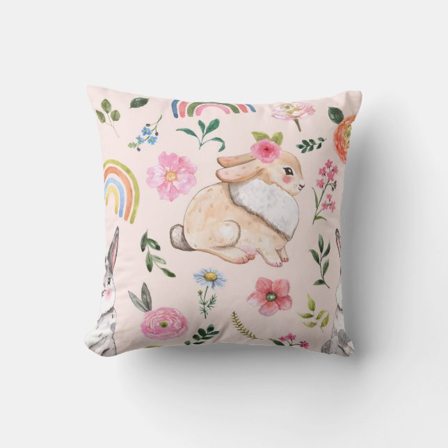 Almofada Padrões Florais De Coelhos De Páscoa Bonita (Frente)