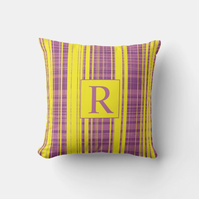 Almofada Padrões xadrezes Stripes Monograma Amarelo Roxo (Frente)