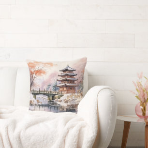 Almofada Pagoda Sakura Japonesa e Cinzas Rosa-Rosa-Ponte