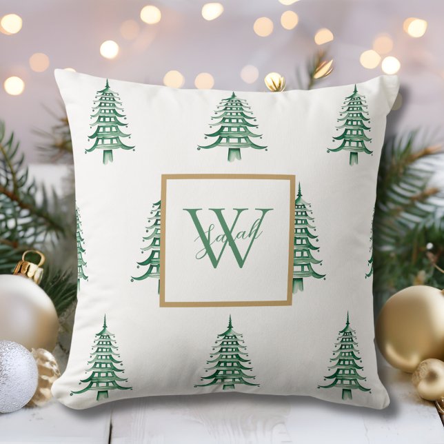 Almofada Pagoda Verde Árvore de Natal Monograma (Green Pagoda Christmas Tree Monogrammed Pattern Throw Pillow)