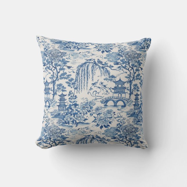 Almofada Pagode Chinoiserie e Pássaros Desenho Floral Azul (Frente)