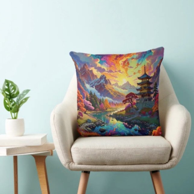 Almofada Pagode e Paisagem Colorida  (Vibrant Pagoda  Fantasy Landscape pillow high quality 100% polyester hidden zipper enclosure.)