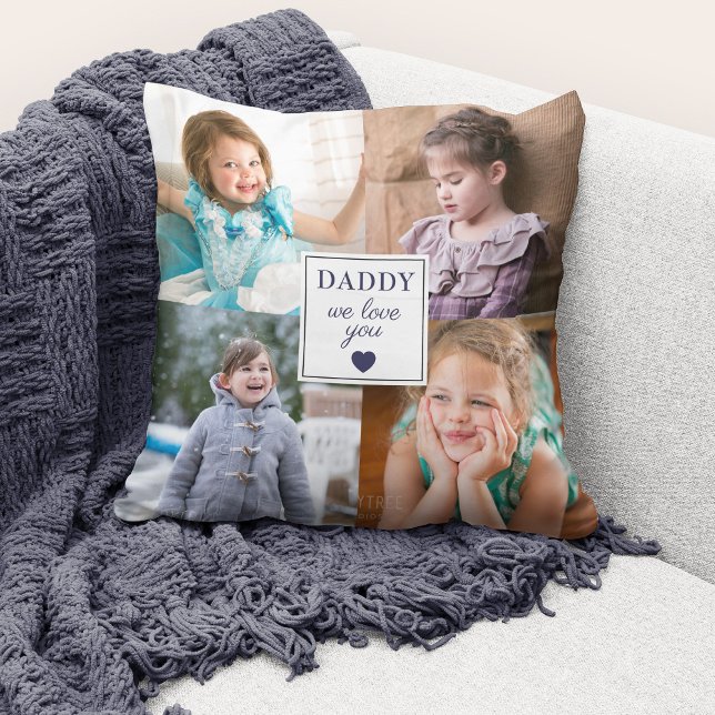 Almofada Pai de Colagem de Fotos Moderna (Cute custom photo collage "Daddy We Love You" throw pillow.)