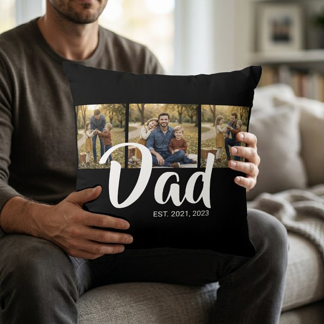 Almofada Pai Estabeleceu Rótulo Moderno Preto 3 Foto (Dad Established Modern Script Black 3 Photo Throw Pillow)
