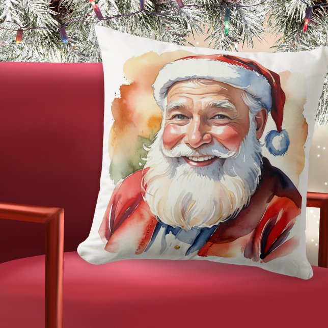 Almofada Pai Natal Papai Noel Encara Retrato Personalizado (A pillow with picture of Santa in a watercolor style, 'Merry Christmas' greeting and custom text)