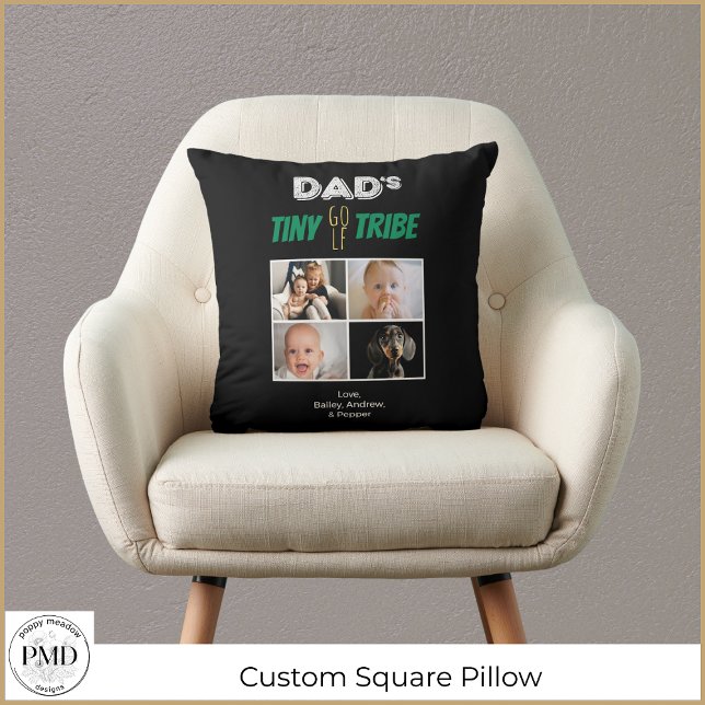 Almofada Pais Tiny Golf Tribe Personalizado Dia de os pais  (Dad's Tiny Golf Tribe Custom Fathers Day 4 Photo Square Throw Pillow with Children's Names, Photos.)