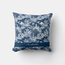 Almofada Paisagem Asiática Chinoiserie Paisagem Azul Branco