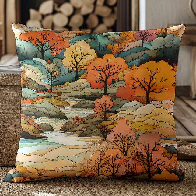 Almofada Paisagem de Outono do Rio Laranja Marrom Árvores (Orange, brown, teal trees and river decorator pillow)