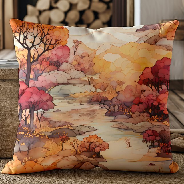 Almofada Paisagem de Outono Rio Árvores Laranja Vermelho Ma (Orange, red, and brown trees and river landscape pillow)