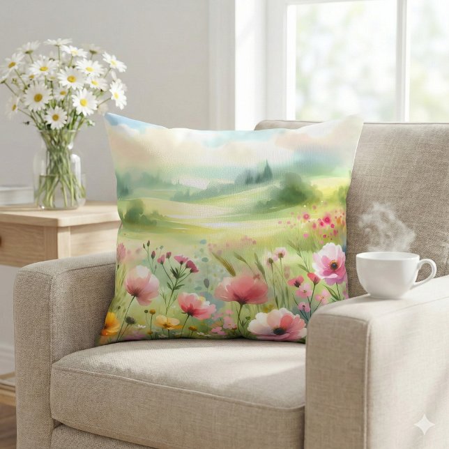 Almofada Paisagem de Prado de Flores Silvestres Pastel (Pastel Wildflower Meadow Landscape Throw Pillow Mockup A)