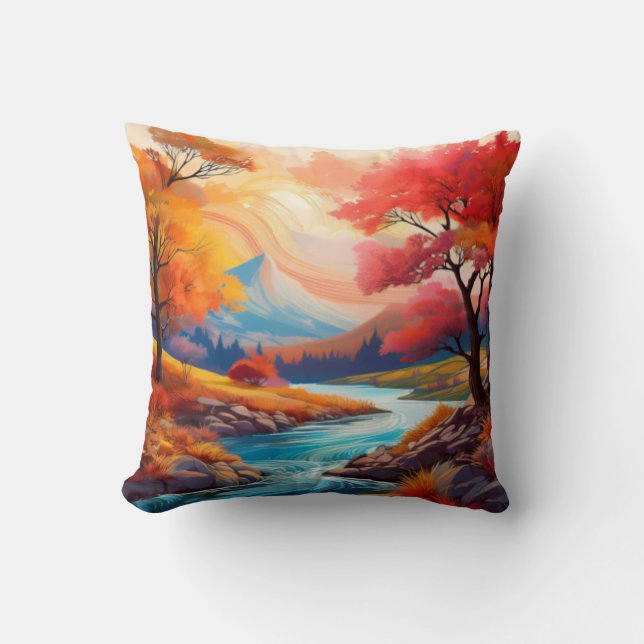 Almofada Paisagem de Serene Autumn com Rio Fluente (Frente)