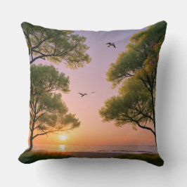 Almofada Paisagem do Oceano ao Pôr do Sol Dourado com Árvor