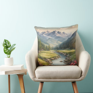 Almofada Paisagem do rio Watercolor Mountain