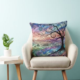 Almofada Paisagem Fantástica com Árvore e Pôr do Sol Colori