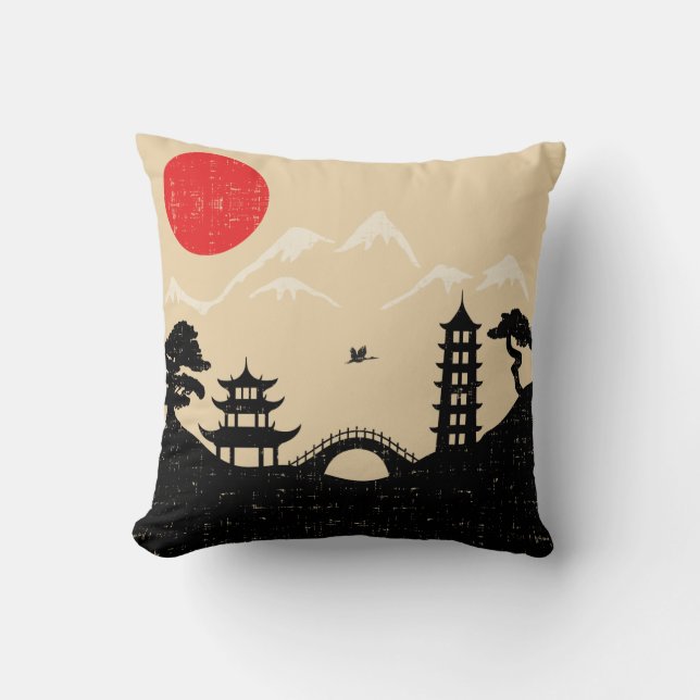 Almofada Paisagem japonesa - estilo do Grunge (Frente)