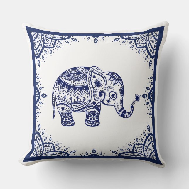 Almofada Paisley Floral Azul Branco e Escuro e Elefante (Frente)