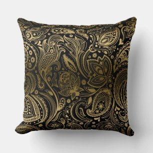 Almofada Paisley Floral Da Vintagem Dourada E Preta