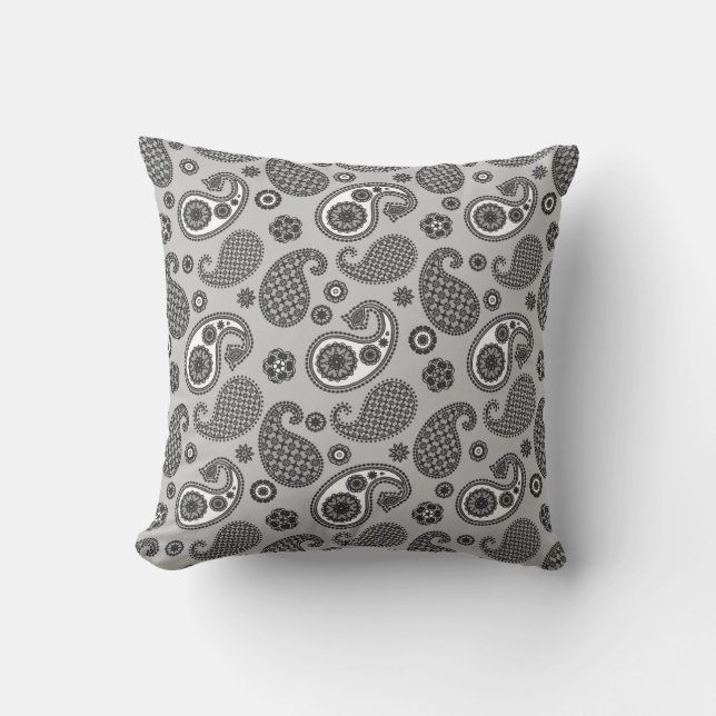 Almofada Paisley Pattern, Cinza, Preto e Branco (Frente)