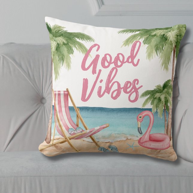 Almofada Palm Tree Watercolor Beach (Colorful Good Vibes Palm Tree Watercolor Beach Throw Pillow)