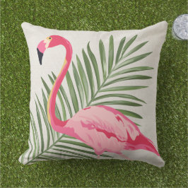 Almofada Palma de Flamingo Rosa Tropical Bege Lino