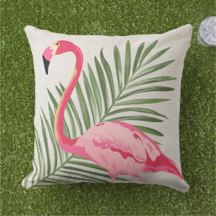 Almofada Palma de Flamingo Rosa Tropical Bege Lino