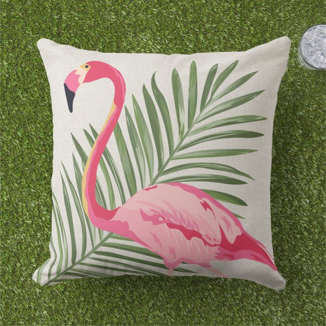 Almofada Palma de Flamingo Rosa Tropical Bege Lino (Grama)