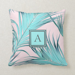 Almofada Palmas tropicais, cor-de-rosa e azul, com monogram