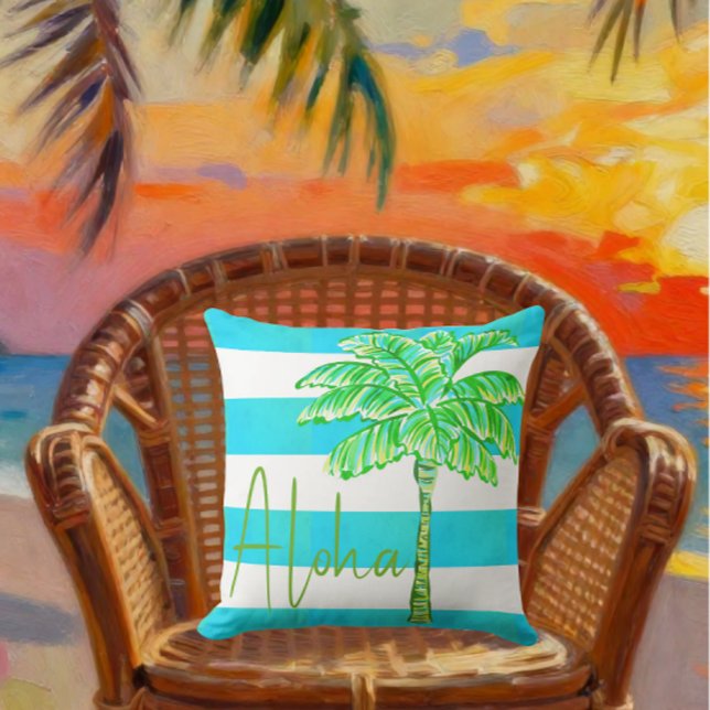 Almofada Palmeira com Listras Turquesa e Branco Aloha (Criador carregado)