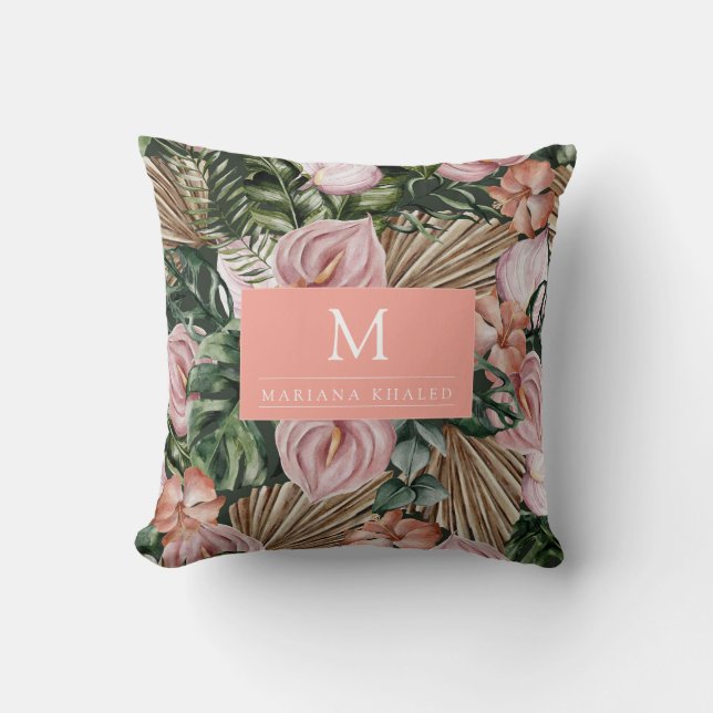 Almofada Palmeira da selva deixa flores da floresta tropica (Frente)