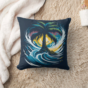 Almofada Palmeira em estilo de pintura com onda marítima