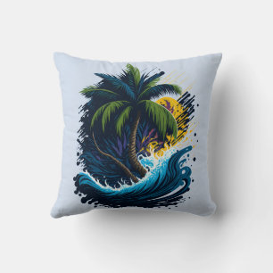 Almofada Palmeira em estilo de pintura com onda marítima