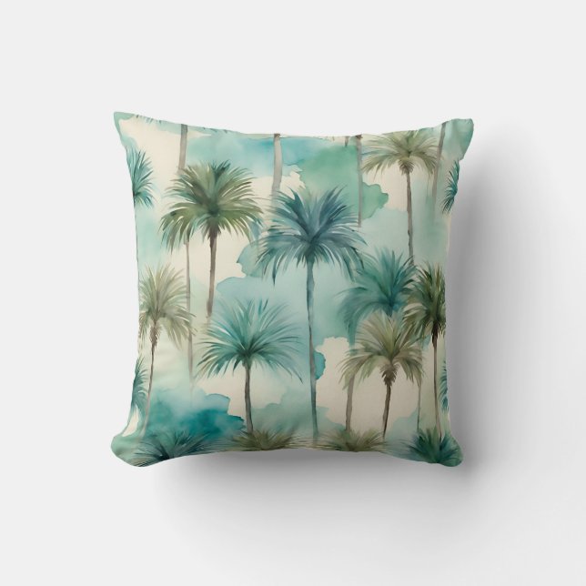 Almofada Palmeiras tropicais havaianas de Beige-Teal Azul (Frente)