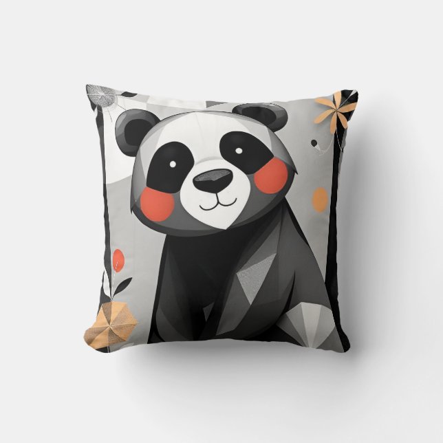 Almofada Panda com Estilo Geométrico e Floral Divertido (Frente)