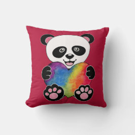 Almofada Panda Cuta De Aquarela Com Coração Arco-Íris