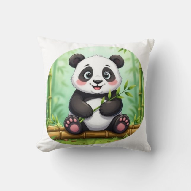 Almofada Panda de Desenho Animado Fofo em Remendo de Bambu (Frente)