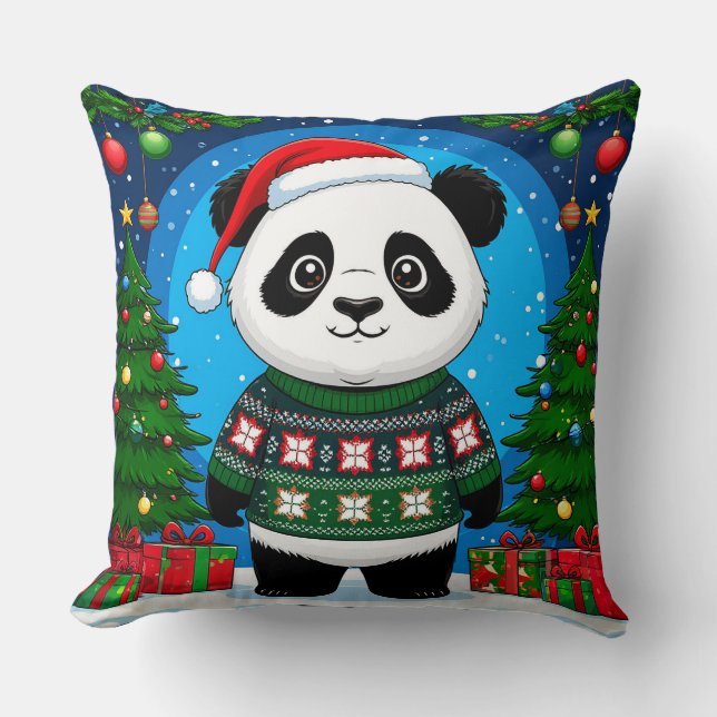Almofada Panda Fofa em Suéter de Natal Usa Chapéu de Papai  (Frente)