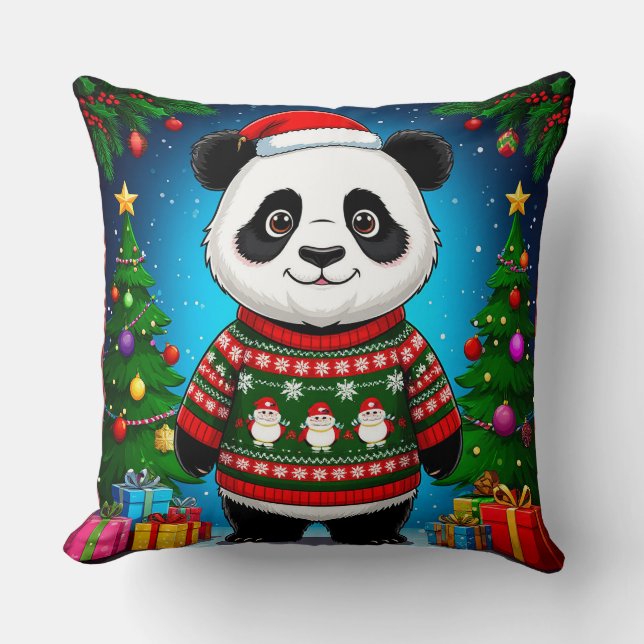 Almofada Panda Fofa em Suéter de Natal Usa Chapéu de Papai  (Frente)