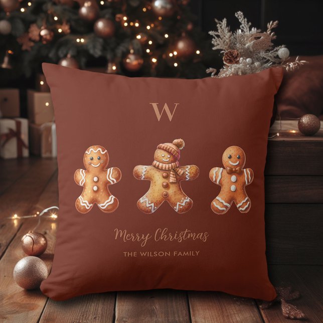 Almofada Pão de Chocolate Castanho Gingerpão Homens Monogra (brown christmas gingerbread men throw pillow family monogram chocolate terracotta)