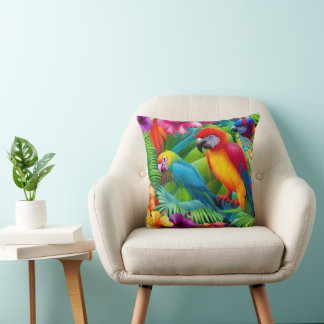 Almofada Papagaio 3 Pássaros Floral tropical palmeiras azul