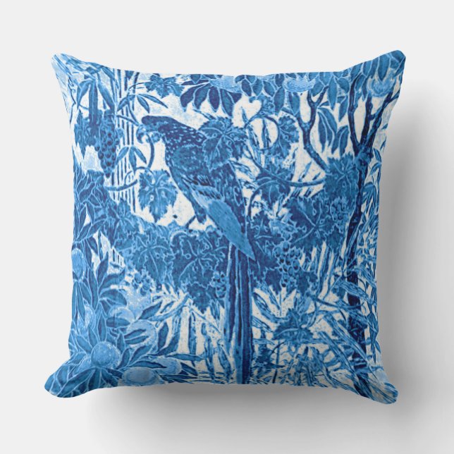 Almofada Papagaio em um Prédio da Selva, Azul Indigo e Bran (Frente)