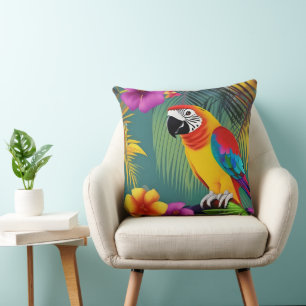 Almofada Papagaio Pássaro Tropical Floral palmeiras azul ro