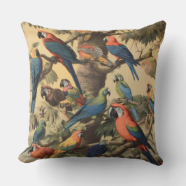 Almofada Papagaios coloridos de cena botânica em árvore