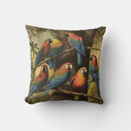 Almofada Papagaios coloridos de cena botânica em árvore