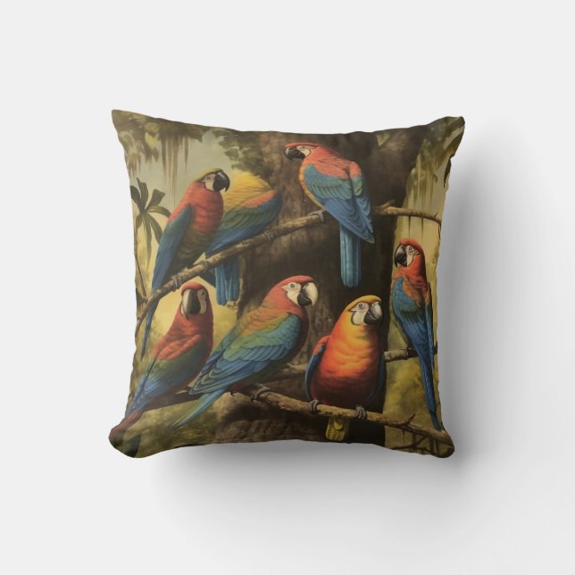 Almofada Papagaios coloridos de cena botânica em árvore (Frente)