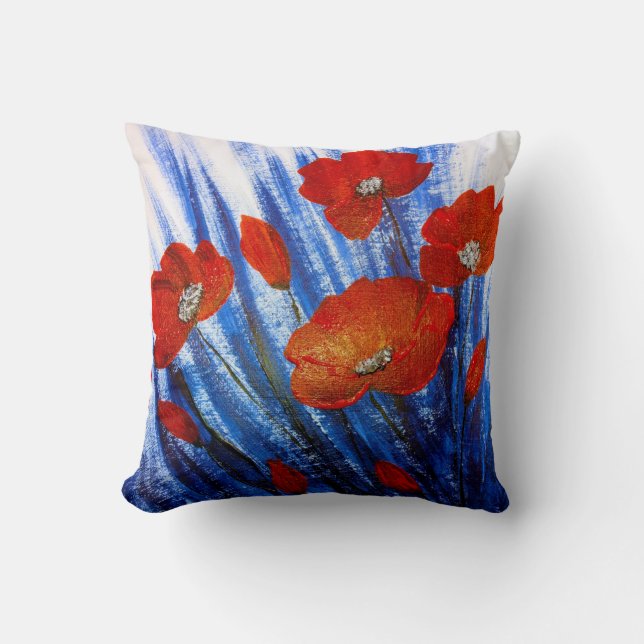 Almofada Papagaios vermelhos na grama azul (Frente)