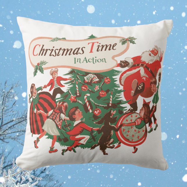 Almofada Papai Noel de Natal Antigo e Crianças Dançando (Criador carregado)