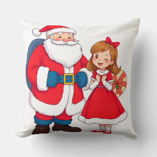 Almofada Papai Noel de Natal com Menina Feliz (Frente)