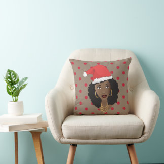Almofada Papai Noel de Natal, Mulher Negra, Pontos Vermelho