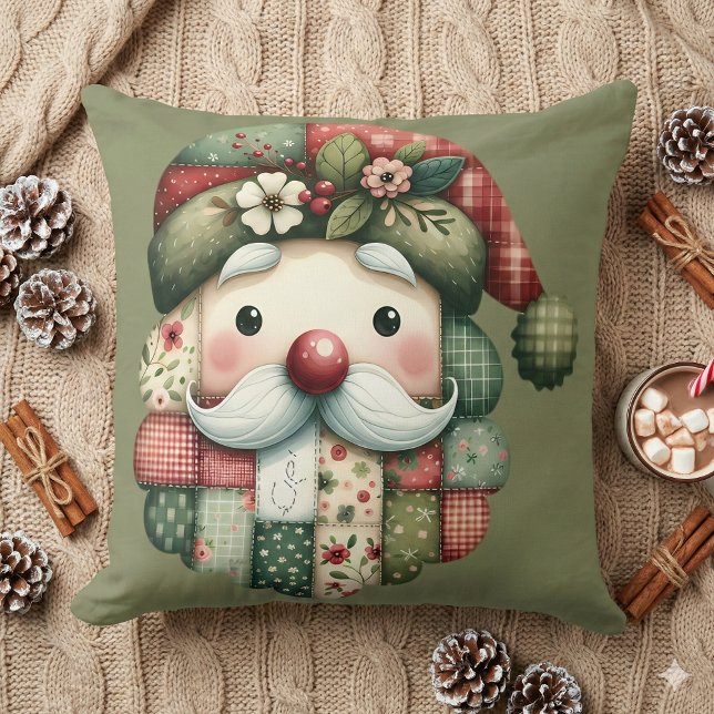 Almofada Papai Noel de Patchwork Caprichoso de Natal (Whimsical Patchwork Santa Folk Christmas Throw Pillow Mockup A)